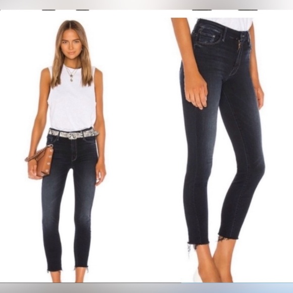 MOTHER Denim - MOTHER High Waisted Looker Ankle Fray in Last Call Wash Dark Blue Skinny. Size32